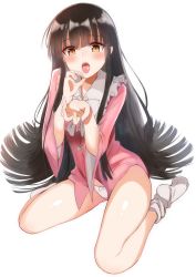 Rule 34 | 1girl, ?, bare legs, black hair, blush, bow, bow panties, bowtie, brown eyes, commentary, commentary request, fellatio gesture, frilled shirt collar, frills, hands up, highres, houraisan kaguya, long hair, long sleeves, looking at viewer, no pants, no shoes, open mouth, panties, partial commentary, pink shirt, revision, shirt, sidelocks, simple background, sitting, socks, solo, spoken question mark, thighs, tksand, tongue, touhou, underwear, very long hair, wariza, white background, white bow, white bowtie, white panties, white socks, wide sleeves