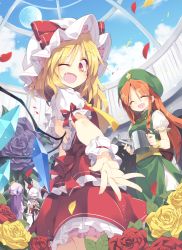 Rule 34 | 4girls, :d, ;d, ^ ^, bat wings, blonde hair, blue hair, blue sky, braid, capelet, china dress, chinese clothes, closed eyes, cloud, day, dress, closed eyes, fangs, flandre scarlet, flower, full moon, green dress, hat, hong meiling, long hair, looking at viewer, mob cap, moon, multiple girls, one eye closed, open mouth, outstretched hand, oversized object, pants, pants under dress, patchouli knowledge, petals, puffy short sleeves, puffy sleeves, purple flower, purple hair, purple rose, red eyes, red flower, red hair, red rose, remilia scarlet, rose, satou kibi, shirt, short sleeves, siblings, side slit, sisters, skirt, skirt set, sky, smile, sweat, touhou, twin braids, very long hair, vest, watering can, white dress, wings, wrist cuffs, yellow flower, yellow rose