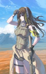 Rule 34 | 1girl, absurdres, armband, assault rifle, bandana, breasts, brown eyes, brown hair, clothes around waist, commentary request, cowboy shot, girls&#039; frontline, gloves, green hair, griffin &amp; kryuger, grifon &amp; kryuger, gun, headset, highres, holding, holding gun, holding weapon, jacket, jacket around waist, long hair, m4 carbine, m4a1 (girls&#039; frontline), mechanical hands, medium breasts, multicolored hair, outdoors, ribbed sweater, rifle, shading eyes, shorts, shu70077, single mechanical hand, sky, sleeveless, sleeveless sweater, solo, streaked hair, sweater, thigh strap, walkie-talkie, weapon