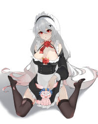 1girl absurdres alternate_costume apron bat_hair_ornament black_dress black_thighhighs breasts cleavage commentary commentary_request detached_sleeves dress flower full_body garter_straps hair_between_eyes hair_ornament highres honkai_(series) honkai_impact_3rd large_breasts long_hair long_sleeves maid_apron maid_headdress no_shoes red_eyes red_flower red_rose rose seiza sitting soles solo theresa_apocalypse theresa_apocalypse_(luna_kindred) theresa_apocalypse_(lunar_vow:_crimson_love) thighhighs thighs very_long_hair white_apron white_background yuan_zhen