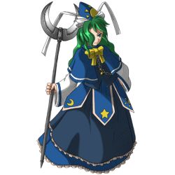 Rule 34 | 1girl, bow, chain, female focus, green hair, hat, long hair, mima (touhou), mystic square, non-web source, simple background, skirt, smile, solo, touhou, touhou (pc-98), transparent background, wizard hat
