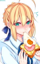 Rule 34 | 1girl, ^^^, ahoge, aqua eyes, artoria pendragon (all), artoria pendragon (fate), bad id, bad pixiv id, blonde hair, blush, bread slice, cheese, eating, egg (food), fate/stay night, fate (series), food, fried egg, ham, highres, looking at viewer, saber (fate), shisei (kyuushoku banchou), simple background, solo, toast, twitter username, white background