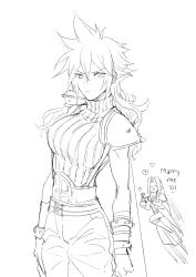 Rule 34 | 1boy, 1girl, armor, belt, breasts, buster sword, cloud strife, final fantasy, final fantasy vii, final fantasy vii remake, genderswap, genderswap (mtf), gloves, hair between eyes, heart, highres, holding, holding jewelry, holding ring, jewelry, large breasts, lineart, long hair, looking at viewer, mindcreator, pants, parted bangs, marriage proposal, ring, sephiroth, shoulder armor, sleeveless, sleeveless turtleneck, spiked hair, square enix, suspenders, turtleneck, upper body, weapon, weapon on back, white background