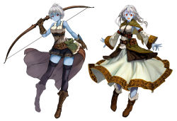Rule 34 | 2girls, :d, bare shoulders, belt, belt pouch, blue skin, boots, bow (weapon), brown gloves, capelet, colored skin, commentary request, detached sleeves, dress, fantasy, full body, fur trim, gloves, highres, long hair, looking at viewer, multiple girls, open mouth, original, pointy ears, pouch, red eyes, short hair, shorts, smile, teeth, thighhighs, upper teeth only, vial, waist cape, weapon, white background, white hair, wide sleeves, yanagisawa (medakokoro)