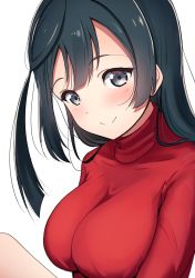 Rule 34 | 1girl, amagi (volfuji), black eyes, black hair, blush, breasts, closed mouth, grey eyes, highres, impossible clothes, large breasts, long hair, long sleeves, looking at viewer, love live!, love live! nijigasaki high school idol club, one side up, red shirt, red sweater, shirt, simple background, smile, solo, sweater, tareme, turtleneck, turtleneck sweater, white background, yuki setsuna (love live!)