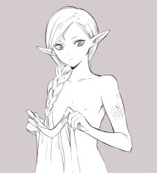 Rule 34 | 1boy, androgynous, braid, braided ponytail, braided ponytail lamia (dungeon meshi), unworn clothes, collarbone, dungeon meshi, facial mark, forehead mark, greyscale, hair over one eye, hair over shoulder, hands up, highres, holding, holding clothes, looking at viewer, male focus, monochrome, nipples, nude, pointy ears, sami (3a3i3a3i), scales, simple background, single braid, upper body