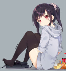 Rule 34 | 1girl, bag of chips, black thighhighs, bottle, brand name imitation, cable, chips (food), closed mouth, cola, food, from side, full body, game console, grey background, hair ornament, hair scrunchie, hood, hood down, hoodie, long hair, looking at viewer, myuton, original, playstation 4, ponytail, potato chips, purple hair, red eyes, scrunchie, shadow, sidelocks, simple background, sitting, solo, thighhighs, thighs