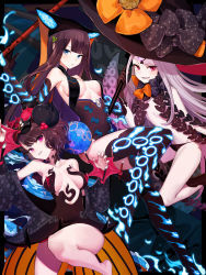 Rule 34 | 3girls, abigail williams (fate), abigail williams (third ascension) (fate), absurdres, bare shoulders, black bow, black dress, black footwear, black gloves, black hair, black headwear, black legwear, black panties, blue eyes, blue fire, blunt bangs, blush, boots, bow, breasts, calligraphy brush, center opening, closed mouth, collarbone, colored skin, commentary request, dress, elbow gloves, fate/grand order, fate (series), fire, flute, forehead, gloves, glowing, glowing eye, grin, hair ornament, hat, hat bow, high heel boots, high heels, highres, instrument, katsushika hokusai (fate), katsushika hokusai (third ascension) (fate), key, keyhole, large breasts, leaf hair ornament, long hair, long sleeves, looking at viewer, multiple bows, multiple girls, nima (niru54), off shoulder, orange bow, paintbrush, pale skin, panties, parted bangs, parted lips, pink eyes, pipa (instrument), polka dot, polka dot bow, purple eyes, purple hair, revealing clothes, short hair, sleeveless, sleeveless dress, smile, staff, strapless, strapless dress, swept bangs, tentacles, thigh boots, thighhighs, thighs, third eye, underwear, v-shaped eyebrows, very long hair, white hair, white skin, witch hat, yang guifei (fate), yang guifei (third ascension) (fate)