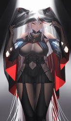 Rule 34 | 1girl, absurdly long hair, absurdres, aegir (azur lane), artist name, azur lane, bare shoulders, black dress, bodystocking, breast curtains, breasts, breasts apart, bridal gauntlets, capelet, clothing cutout, covered navel, cross, dress, earrings, hair between eyes, highres, horns, iron cross, jewelry, lace-trimmed capelet, lace trim, large breasts, light rays, long hair, looking at viewer, manzai sugar, multicolored hair, navel cutout, red hair, solo, spotlight, streaked hair, thigh gap, two-tone cape, two-tone hair, underboob, underbust, veil, veil lift, very long hair, white hair, yellow eyes