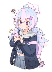 Rule 34 | 1girl, ahoge, backpack, bag, black neckerchief, blue archive, blue hair, blue jacket, blush, cellphone, closed mouth, commentary request, cropped shirt, grey serafuku, grey shirt, grey skirt, hair between eyes, hair ornament, halo, highres, holding, holding phone, jacket, light blue hair, long sleeves, looking at phone, midriff, miniskirt, multicolored hair, navel, neckerchief, phone, pink hair, pleated skirt, purple bag, purple eyes, purple halo, reisa (blue archive), sailor collar, school uniform, serafuku, shiromoca, shirt, simple background, skirt, smartphone, solo, squiggle, star (symbol), star hair ornament, star halo, sweat, sweatdrop, twintails, two-tone hair, upper body, v-shaped eyebrows, white background, white sailor collar