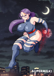 Rule 34 | 1girl, artist request, black leotard, black thighhighs, breasts, city, curvy, full body, highleg, highleg leotard, jumping, large breasts, leotard, long hair, looking to the side, marvel, night, night sky, psylocke, purple eyes, purple hair, shiny clothes, shiny skin, simple background, sky, solo, thighhighs, wide hips, x-men