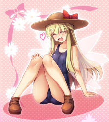 Rule 34 | 1girl, ^ ^, ass, bare legs, bare shoulders, blonde hair, blue one-piece swimsuit, bow, brown footwear, brown hat, chima q, closed eyes, dotted background, facing viewer, fairy wings, floral background, full body, hat, hat bow, highres, knees together feet apart, knees up, lily white, long hair, one-piece swimsuit, open mouth, pink background, red bow, shoes, solo, sun hat, swimsuit, touhou, transparent wings, very long hair, wings