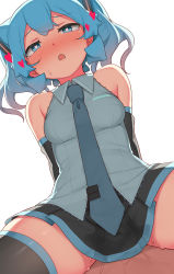 Rule 34 | 1boy, 1girl, abmayo, bare shoulders, black skirt, blue skirt, blush, breasts, collared shirt, covered penetration, from below, green necktie, grey shirt, hair ornament, hatsune miku, highres, long hair, looking at viewer, medium breasts, necktie, open mouth, pleated skirt, sex, shirt, skirt, solo focus, thighhighs, twintails, two-tone skirt, vocaloid, zettai ryouiki