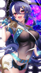 Rule 34 | 1girl, :d, absurdres, alternate costume, azur lane, blurry, blush, commentary, covered navel, cowboy shot, crossed bangs, depth of field, foch (azur lane), groin, hair between eyes, hat, highres, looking at viewer, music, open mouth, seele0907, short shorts, shorts, sidelocks, singing, smile, solo, standing, white hat