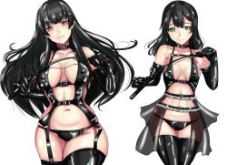 Rule 34 | 2girls, bdsm, black hair, blush, bondage, bound, breasts, breasts apart, closed mouth, commentary request, commission, covered erect nipples, elbow gloves, gloves, green eyes, hair ornament, hairclip, highres, isokaze (kancolle), kantai collection, ken (shutenndouji1), large breasts, latex, latex bra, latex choker, latex gloves, latex legwear, latex panties, long hair, medium breasts, multiple girls, navel, oyashio (kancolle), panties, partial commentary, pixiv commission, red eyes, simple background, smile, thighhighs, underwear, whip, white background