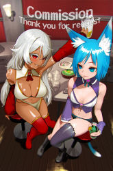 Rule 34 | 2girls, alcohol, animal ear fluff, animal ears, arm tattoo, asymmetrical clothes, bar stool, beer, beer mug, black hair, blue eyes, blue hair, boots, breast tattoo, breasts, cat ears, cat tail, cheering, cleavage, cocktail, commission, copyright request, cup, detached collar, detached sleeves, drunk, fingerless gloves, from above, gloves, highres, hiragana oufu, knee boots, large breasts, long hair, medium breasts, mug, multiple girls, navel, pelvic curtain, purple gloves, purple legwear, purple sleeves, red eyes, red footwear, red sleeves, short hair, silver hair, single detached sleeve, single thighhigh, sitting, stool, tail, tattoo, thank you, thigh boots, thighhighs