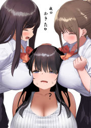 Rule 34 | 3girls, black hair, blue eyes, blush, bow, bowtie, breasts, brown hair, cleavage, closed eyes, kaisen chuui, large breasts, long hair, looking at another, multiple girls, one eye closed, original, red neckwear, sandwiched, school uniform, shirt, simple background, teacher, translated, white background, white shirt