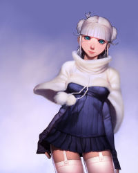 Rule 34 | 1girl, alice elliot, aqua eyes, blunt bangs, dress, earrings, garter straps, gradient background, highres, jewelry, lips, looking at viewer, miniskirt, pale skin, pleated skirt, saejin oh, shadow hearts, skindentation, skirt, solo, standing, sweater, sweater dress, thighhighs, white hair, white thighhighs