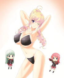 Rule 34 | 10s, 3girls, :d, absurdres, ann (walkure romanze), antenna hair, armpits, arms behind head, bertille althusser, bikini, blazer, blonde hair, blue eyes, blunt bangs, blush, breasts, chibi, cleavage, contrapposto, cowboy shot, drill hair, emma (walkure romanze), epaulettes, gradient background, green hair, groin, hair between eyes, hair bun, hand to own mouth, head tilt, highleg, highleg bikini, highleg swimsuit, highres, jacket, kneehighs, large breasts, leaning forward, long hair, long sleeves, looking at viewer, multiple girls, navel, no.gomensu, one eye closed, open mouth, outstretched arm, pink hair, pleated skirt, polka dot, polka dot bikini, polka dot swimsuit, ponytail, purple eyes, red hair, school uniform, short hair, sideboob, sidelocks, single hair bun, skirt, smile, socks, standing, string bikini, swimsuit, thighhighs, twin drills, twintails, underboob, walkure romanze, white background, wink