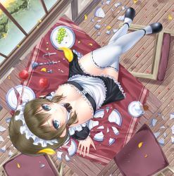 Rule 34 | 1girl, apron, blue eyes, breasts, broken plate, brown hair, candlestand, cleavage, crossed legs, dutch angle, food, from above, full body, looking at viewer, maid, maid apron, maid headdress, medium breasts, original, plate, short hair, sitting, smile, solo, thighhighs, yamaishi nohi