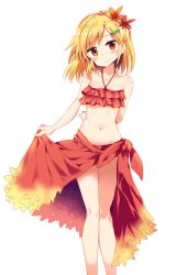 Rule 34 | 1girl, aki shizuha, arm behind back, bare arms, bare legs, bare shoulders, bikini, bikini top only, blonde hair, closed mouth, collarbone, frilled bikini, frilled bikini top, frills, hair ornament, hairclip, halterneck, halterneck, head tilt, highres, leaf hair ornament, lifted by self, looking at viewer, maturiuta sorato, midriff, navel, orange eyes, red bikini, sarong, simple background, smile, solo, standing, stomach, swimsuit, touhou, white background