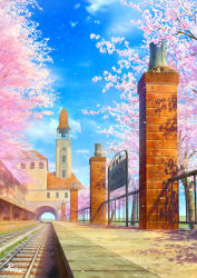 Rule 34 | animal, arch, bad id, bad pixiv id, bell, bench, blue sky, building, cat, cherry blossoms, cloud, commentary request, day, kaitan, no humans, original, outdoors, petals, railing, railroad tracks, scenery, sign, signature, sky, tower, tree