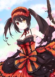 Rule 34 | 1girl, artist name, bare shoulders, black dress, black hair, breasts, cherry blossoms, cleavage, date a live, day, dress, gun, heterochromia, highres, holding, holding gun, holding weapon, lolita fashion, long hair, looking at viewer, multicolored clothes, multicolored dress, orange dress, red eyes, solo, spleeny, tokisaki kurumi, weapon, yellow eyes