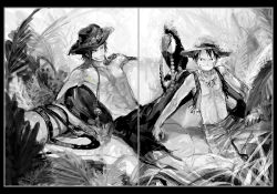 Rule 34 | 2boys, beads, bird, brothers, couch, freckles, hat, jewelry, male focus, monkey d. luffy, monochrome, multiple boys, muscular, necklace, one piece, open clothes, open shirt, outdoors, portgas d. ace, scar, shirt, topless male, shorts, siblings, sitting, smile, straw hat, teeth, vest