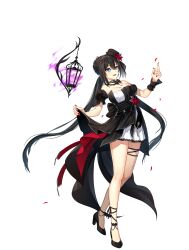 Rule 34 | 1girl, arm garter, bare shoulders, black choker, black dress, black footwear, black hair, black hat, blue eyes, breasts, choker, closers, dress, hand up, hat, high heels, highres, large breasts, long hair, looking ahead, mini hat, nail polish, non-web source, official art, open mouth, short dress, simple background, smile, solo, strapless, strapless dress, thigh strap, thighs, twintails, two-tone dress, very long hair, white background, white dress, yuri seo