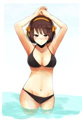 Rule 34 | 1girl, absurdres, armpits, arms up, bikini, black bikini, blush, breasts, brown eyes, brown hair, cleavage, closed mouth, commentary, cowboy shot, gradient background, groin, hair ribbon, hairband, highres, blue background, lips, looking at viewer, mebunryo (mebunryo2), medium breasts, midriff, navel, ribbon, short hair, simple background, solo, suzumiya haruhi, suzumiya haruhi no yuuutsu, swimsuit, thighs, wading, water, white background