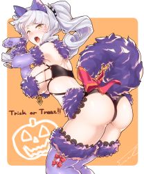 Rule 34 | 1girl, alternate costume, alternate hairstyle, animal ears, ass, breasts, carmilla (fate), claw pose, claws, commentary request, cosplay, cowboy shot, curly hair, elbow gloves, english text, fate/grand order, fate (series), from side, fue (rhomphair), fur-trimmed gloves, fur-trimmed legwear, fur collar, fur trim, gloves, halloween costume, highres, lace, lace-trimmed legwear, lace trim, large breasts, looking at viewer, mash kyrielight, mash kyrielight (dangerous beast), mash kyrielight (dangerous beast) (cosplay), nail polish, o-ring, o-ring top, official alternate costume, open mouth, orange background, purple gloves, purple thighhighs, revealing clothes, shiny skin, silver hair, tail, thighhighs, thighs, underboob, wolf ears, wolf tail, yellow eyes