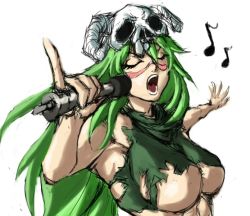 Rule 34 | 13th clown, 1girl, arrancar, bleach, breasts, closed eyes, facial mark, green hair, large breasts, long hair, microphone, music, nelliel tu odelschwanck, number tattoo, aged up, pinky out, revealing clothes, singing, skull, solo, tattoo, torn clothes, underboob