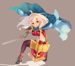 Rule 34 | 1girl, ahoge, armor, blue cape, breastplate, calm mashiro, cape, etrian odyssey, grey background, hair ornament, hairclip, hero (sekaiju), holding, holding shield, holding sword, holding weapon, long hair, open mouth, pauldrons, red eyes, sekaiju no meikyuu, sekaiju no meikyuu x, shield, shoulder armor, sidelocks, simple background, solo, sword, tiara, twintails, twitter username, v-shaped eyebrows, weapon, white hair