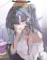 Rule 34 | 1girl, absurdres, alternate costume, birthday, birthday cake, black halo, blue archive, cake, candle, confetti, elbow rest, elbows on table, food, halo, hand on own cheek, hand on own face, hand up, hat, head on hand, head rest, highres, long hair, looking at viewer, movik, off-shoulder shirt, off shoulder, party hat, purple hair, shirt, sitting, smile, streamers, white shirt, yuuka (blue archive)