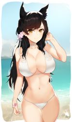 Rule 34 | 1girl, absurdres, animal ears, atago (azur lane), atago (summer march) (azur lane), azur lane, beach, bikini, black hair, breasts, brown eyes, cleavage, closed mouth, cowboy shot, day, highres, large breasts, long hair, looking at viewer, mole, mole under eye, navel, sendo (sendrawz), smile, solo, stomach, swimsuit, white bikini