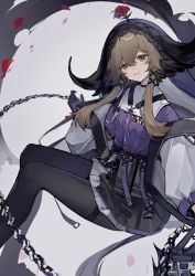 Rule 34 | 1girl, arknights, belt pouch, black gloves, black pantyhose, brown hair, chain, commentary, falling petals, feet out of frame, flower, gloves, green eyes, grey background, grey jacket, grey skirt, hair between eyes, heridy, highres, jacket, long hair, midair, off shoulder, open clothes, open jacket, pallas (arknights), pantyhose, parted lips, petals, pouch, purple shirt, red flower, red rose, rose, shirt, sidelocks, skirt, smile, solo, teeth, thigh strap