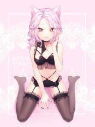 Rule 34 | 01nu, 1girl, animal ears, artist name, black nails, black thighhighs, blush, breasts, cat ears, collarbone, deviantart username, garter belt, jewelry, looking at viewer, medium breasts, medium hair, nail polish, navel, necklace, original, parted lips, pink background, pink hair, pointy ears, red eyes, sitting, smile, solo, thighhighs, twitter username, wariza