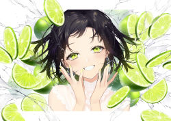 Rule 34 | 1girl, :d, absurdres, bad id, bad twitter id, blush, dress, earrings, fingernails, food, fruit, green eyes, hands up, head tilt, highres, jewelry, letterboxed, lime (fruit), looking at viewer, medium hair, nail polish, open mouth, original, smile, sogawa, solo, water, white dress, yellow nails