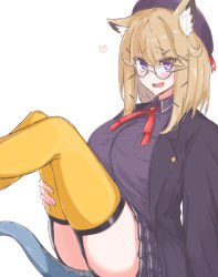 Rule 34 | 1girl, animal ears, arknights, beret, bespectacled, black hat, blush, breasts, fang, garter straps, glasses, hair ornament, hairclip, hat, heart, highres, jacket, knees up, large breasts, light brown hair, looking at viewer, maiq06, neck ribbon, open mouth, pleated skirt, purple eyes, purple jacket, purple shirt, purple skirt, red ribbon, ribbon, shirt, sitting, skin fang, skirt, solo, tail, thighhighs, thighs, utage (arknights), utage (disguise) (arknights), x hair ornament, yellow thighhighs