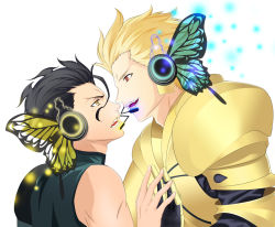 Rule 34 | 2boys, ahoge, armor, black hair, blonde hair, bug, butterfly, butterfly wings, diarmuid ua duibhne (lancer) (fate), fate/zero, fate (series), gilgamesh (fate), hair slicked back, headphones, highres, insect, insect wings, katze (776642), magnet (vocaloid), male focus, mole, mole under eye, multiple boys, parody, pauldrons, red eyes, short hair, shoulder armor, simple background, vocaloid, white background, wings, yaoi, yellow eyes