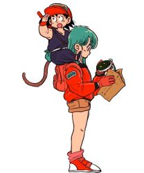 Rule 34 | 1boy, 1girl, :o, aida kaiko, arm up, armpits, bare legs, baseball cap, black eyes, black hair, blue eyes, blue hair, bulma, carrying over shoulder, character name, clothes writing, dougi, dragon ball, dragon ball (classic), expressionless, eyelashes, full body, gloves, hand on own face, hat, holding, jacket, looking down, looking up, map, pink legwear, profile, radar, red footwear, red gloves, red jacket, ruyi jingu bang, short hair, shorts, simple background, socks, son goku, standing, tail, teenage girl and younger boy, white background, wristband