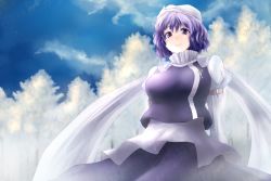 Rule 34 | 1girl, bad id, bad pixiv id, blue eyes, breasts, female focus, hat, large breasts, letty whiterock, light purple hair, scarf, short hair, smile, solo, tama go, touhou, white scarf, winter