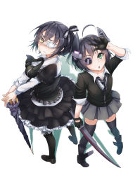 Rule 34 | 10s, 2girls, black hair, boots, breasts, chestnut mouth, chuunibyou demo koi ga shitai!, closed umbrella, cosplay, costume switch, crossover, dress, eyepatch, female focus, full body, gloves, green eyes, headgear, highres, kantai collection, mary janes, multiple girls, necktie, one side up, shoes, short hair, side ponytail, sword, takanashi rikka, takanashi rikka (cosplay), tenryuu (kancolle) (cosplay), tenryuu (kancolle), thighhighs, trait connection, umbrella, weapon, white background, yellow eyes, yuemanhuaikong