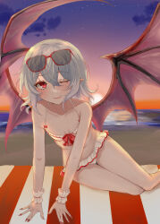 Rule 34 | 1girl, ;), bat wings, breasts, cleavage, cloud, commentary, english commentary, eyewear on head, feet out of frame, fingernails, gradient sky, grey hair, highres, horizon, kuro wa shinoru, long fingernails, looking at viewer, navel, one eye closed, red eyes, red nails, remilia day, remilia scarlet, short hair, sky, small breasts, smile, solo, star (sky), starry sky, sunglasses, touhou, wings, wrist cuffs