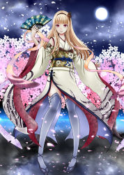 Rule 34 | 1girl, akai katana, blonde hair, blunt bangs, cherry blossoms, cloud, cloudy sky, commentary request, detached sleeves, folding fan, full moon, hair ornament, hairband, hand fan, highres, holding, japanese clothes, kimono, looking at viewer, moon, night, night sky, obi, parted lips, petals, red eyes, revision, roshiakouji-chan, sash, shuumeigiku, sky, smile, solo, thighhighs, white thighhighs, zettai ryouiki