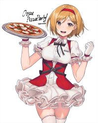 Rule 34 | 1girl, :d, alternate costume, bad id, bad twitter id, blonde hair, brown eyes, clenched hand, commentary, djeeta (granblue fantasy), dress, english commentary, english text, food, gloves, granblue fantasy, hairband, holding, holding food, looking at viewer, nagu, name tag, open mouth, pizza, red hairband, short hair, simple background, smile, solo, thighhighs, white background, white dress, white gloves, white thighhighs