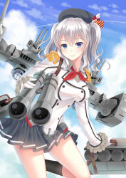 Rule 34 | 10s, 1girl, binoculars, black socks, blue eyes, blue sky, bow, bowtie, breasts, buttons, cloud, contrail, day, epaulettes, female focus, frilled sleeves, frills, hat, hat bow, head tilt, kantai collection, kashima (kancolle), kneehighs, large breasts, long sleeves, looking at viewer, machinery, military, military uniform, pleated skirt, red bow, red bowtie, short hair, silver hair, skirt, sky, smile, socks, solo, two side up, uniform, villyane
