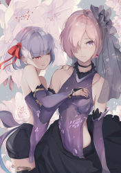 Rule 34 | 2girls, 3:, bare shoulders, blush, bridal gauntlets, choker, commentary request, earrings, elbow gloves, fate/grand order, fate (series), floral background, flower, gloves, hair over one eye, hair ribbon, hand on another&#039;s shoulder, highres, holding hands, jewelry, kama (fate), kama (first ascension) (fate), kodamazon, light purple hair, light smile, looking at another, looking at viewer, mash kyrielight, multiple girls, necklace, purple eyes, purple gloves, red eyes, red ribbon, ribbon, see-through, short hair, silver hair, smile, veil