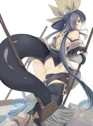 Rule 34 | 1girl, absurdres, apron, ass, back, bare shoulders, belt, black panties, black thighhighs, broom, bucket, bucket of water, butt crack, choker, cleaning, detached sleeves, dizzy (guilty gear), from behind, from below, guilty gear, guilty gear xrd, hair ribbon, hair rings, highres, looking at viewer, looking back, maid apron, monster girl, mop, no wings, o-ring, o-ring top, oeillet vie, open mouth, panties, red eyes, ribbon, simple background, skindentation, solo, tail, tail ornament, tail ribbon, tail wrap, thick thighs, thighhighs, thighs, twintails, twitter username, underwear, upskirt, water, wedgie, white background, yellow ribbon
