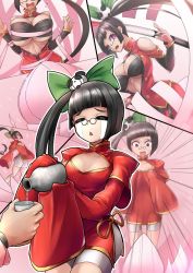 Rule 34 | 1girl, age regression, aged down, alcohol, bandeau, bare shoulders, black hair, blazblue, bound, bow, breasts, china dress, chinese clothes, cleavage, collarbone, cowboy shot, crying, dress, hair bow, lao jiu, large breasts, litchi faye ling, long hair, multiple views, open mouth, pouring, purple eyes, restrained, ribbon, ribbon bondage, sake, semi-rimless eyewear, side ponytail, sleeves past wrists, sowel (sk3), streaming tears, surprised, tears, triangle mouth, under-rim eyewear, underboob, very long hair
